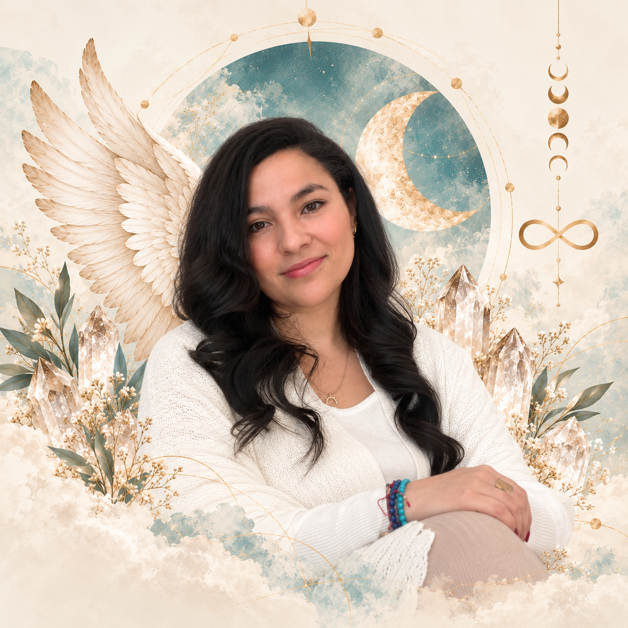 Retrato etéreo de la fundadora con luna y cristales
